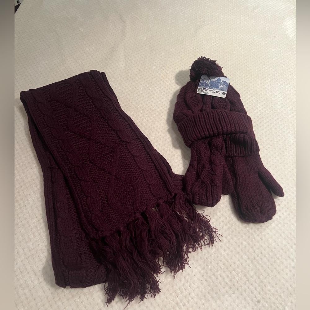 PLUM COLOR HAT, SCARF & MITTENS
